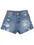 Floral Denim Distressed Shorts with Embroidery