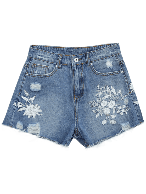 Floral Denim Distressed Shorts with Embroidery
