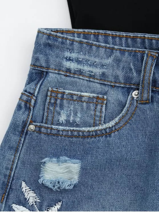 Floral Denim Distressed Shorts with Embroidery