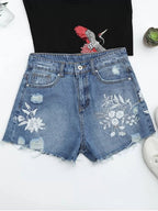 Floral Denim Distressed Shorts with Embroidery