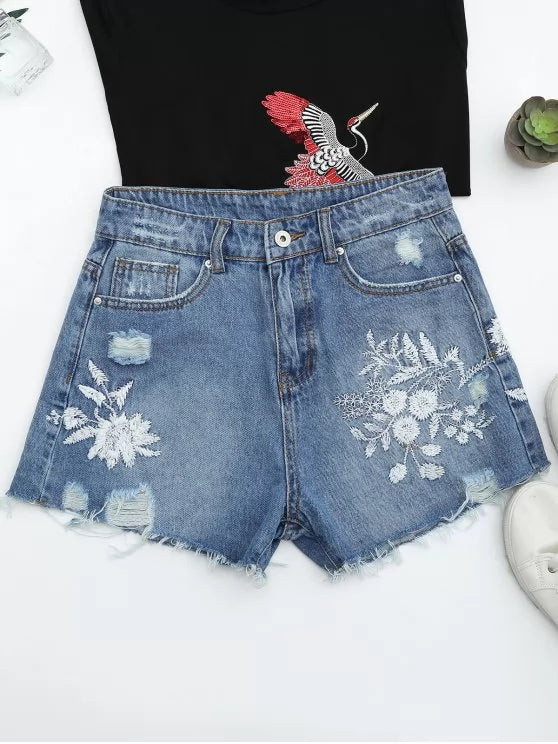 Floral Denim Distressed Shorts with Embroidery