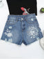 Floral Denim Distressed Shorts with Embroidery
