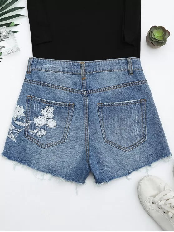 Floral Denim Distressed Shorts with Embroidery