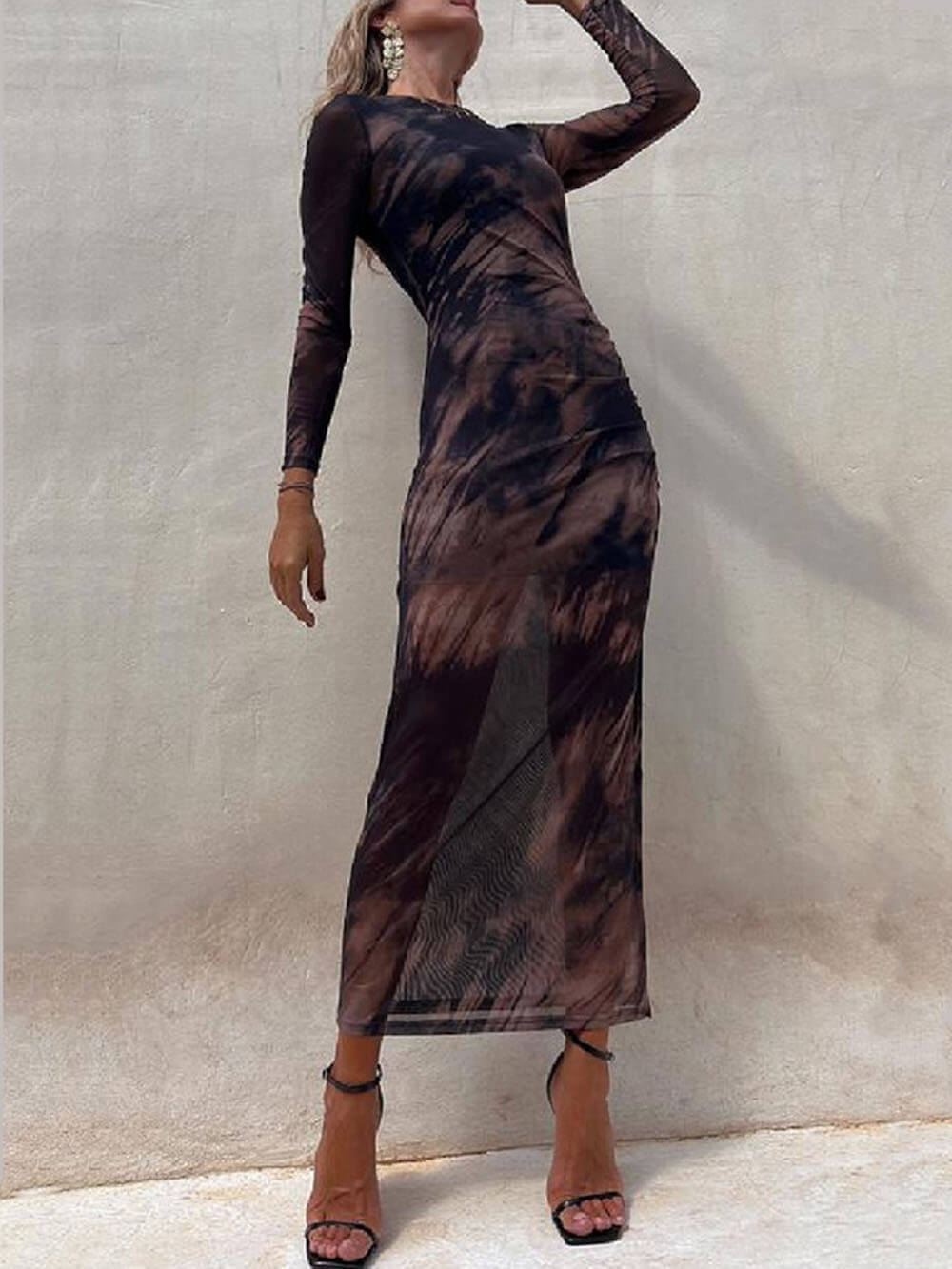Tie-Dye Mesh Long-Sleeve Midi Dress with Ruched Details