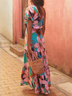 Botanical-Print Dress with an Off-Shoulder Neck