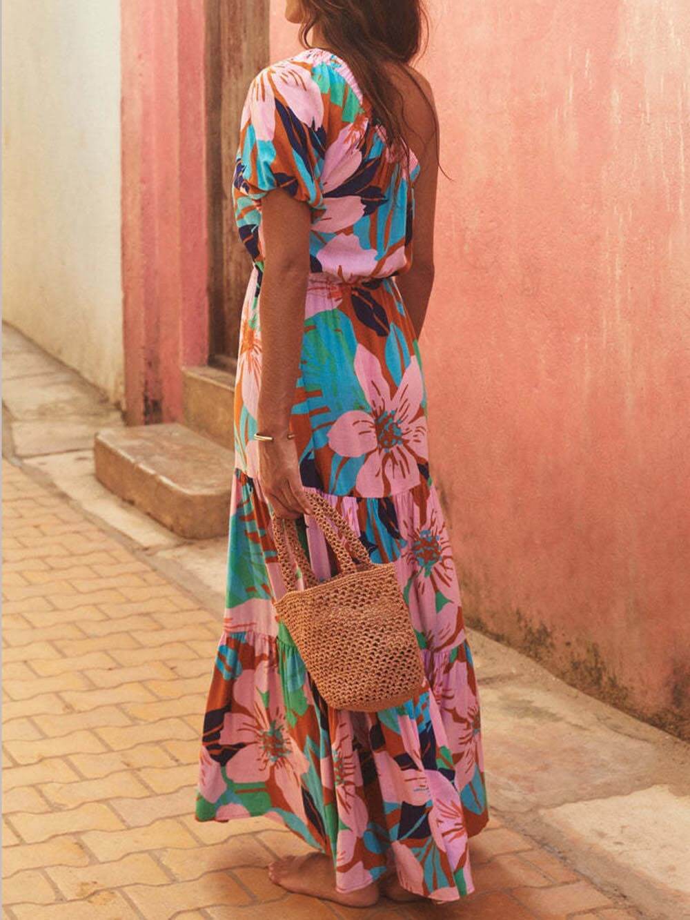 Botanical-Print Dress with an Off-Shoulder Neck