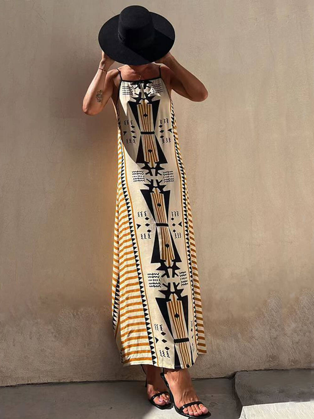 Printed A-Line Open-Back Maxi Dress
