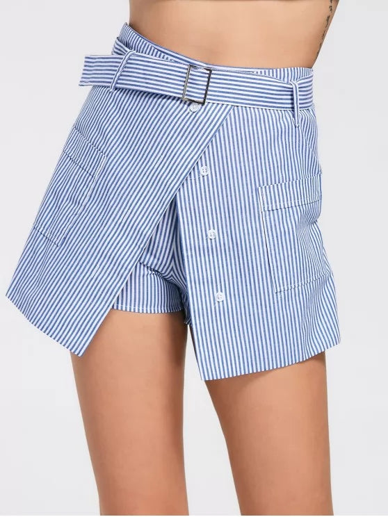 Striped Tie-Waist Pocket-Detail Skort