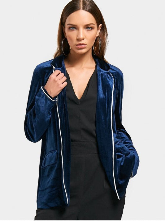 Fashionable Velvet Open Front Blazer with Flap Pockets