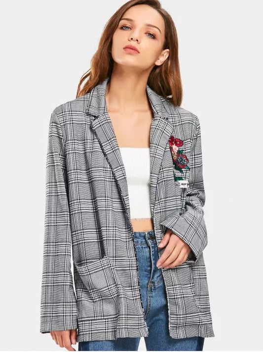 Trendy Embroidered Checked Floral Applique Blazer