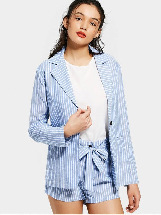 Cute Belted Shorts Set with Striped Pockets Blazer