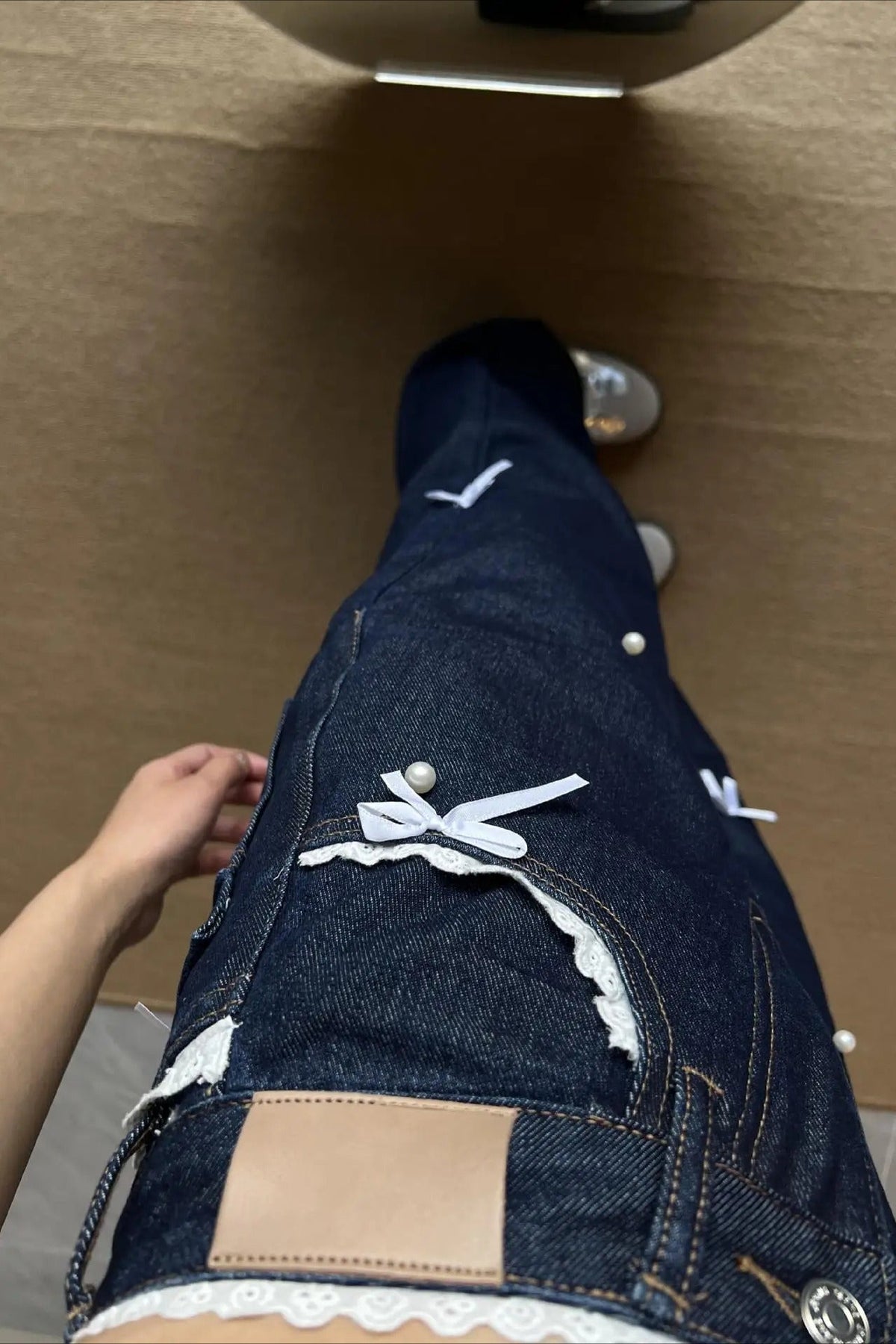 Butterfly Wide-Leg Knotted Jeans with Lace Details