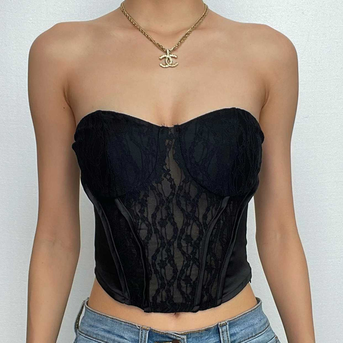 Sweetheart-Neck Strapless Zip-Front Corset Top with Lace Details