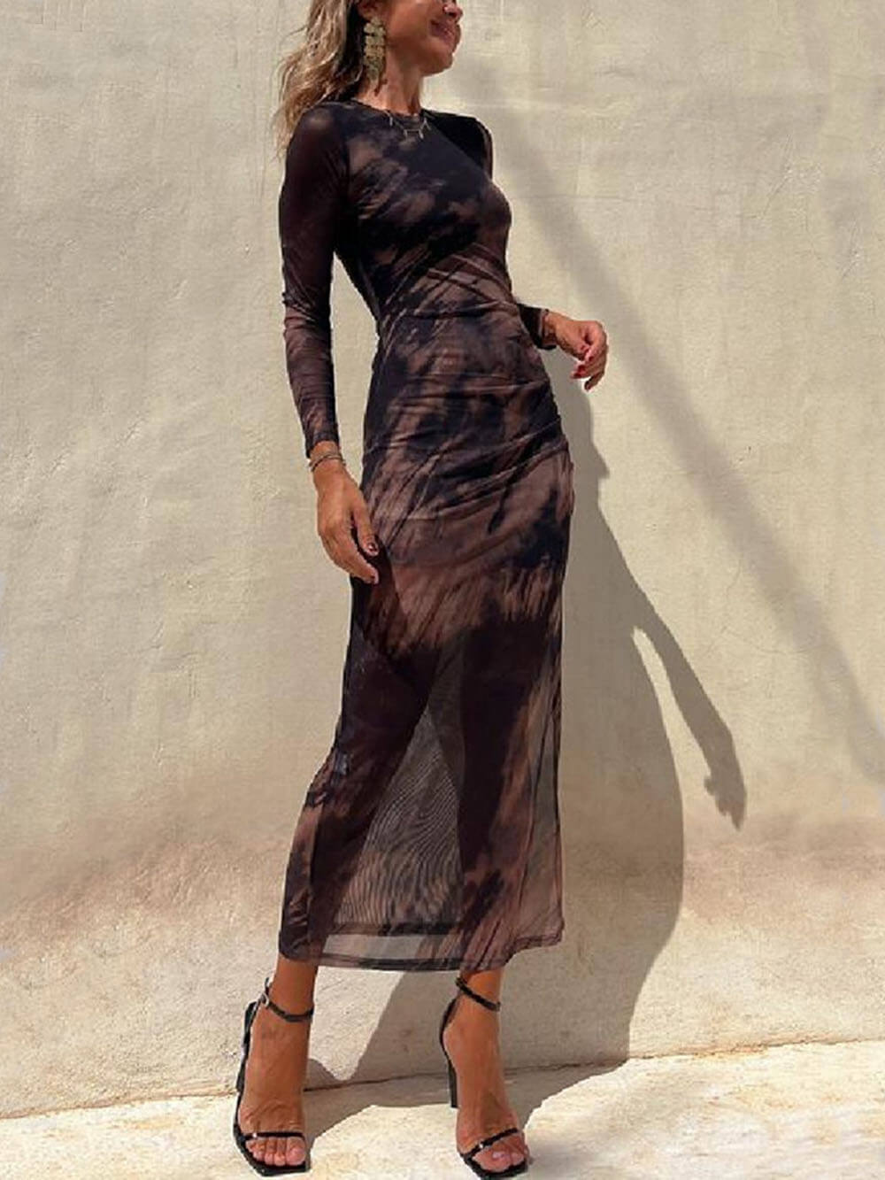 Tie-Dye Mesh Long-Sleeve Midi Dress with Ruched Details