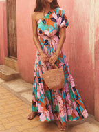 Botanical-Print Dress with an Off-Shoulder Neck