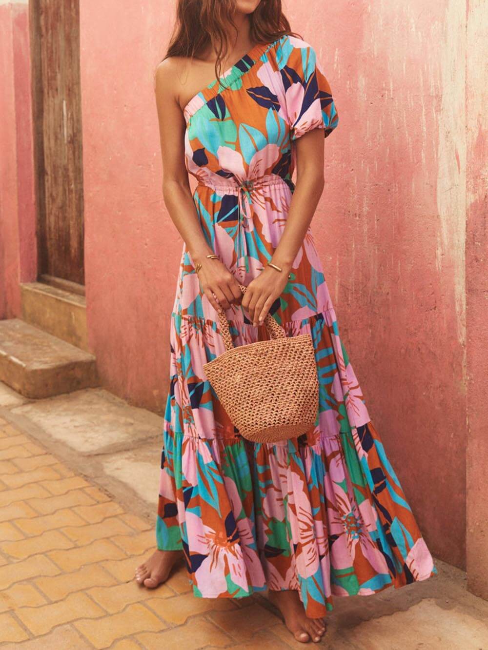 Botanical-Print Dress with an Off-Shoulder Neck