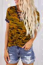 Camo-Print Slit-Detail T-Shirt with a V-Neck