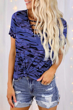 Camo-Print Slit-Detail T-Shirt with a V-Neck