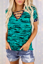 Camo-Print Slit-Detail T-Shirt with a V-Neck