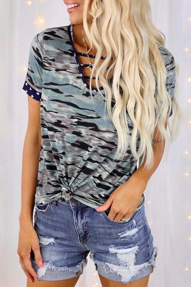 Camo-Print Slit-Detail T-Shirt with a V-Neck Main image