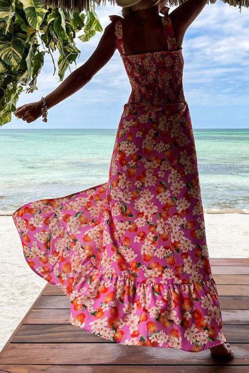 Printed Flared Spaghetti-Strap Dress with a Split Detail