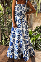 Printed Flared Spaghetti-Strap Dress with a Split Detail