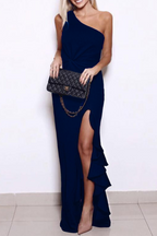 Flared Slit-Detail Evening Dress with a One-Shoulder Cut