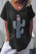 Printed V-Neck T-Shirt with a Split Detail