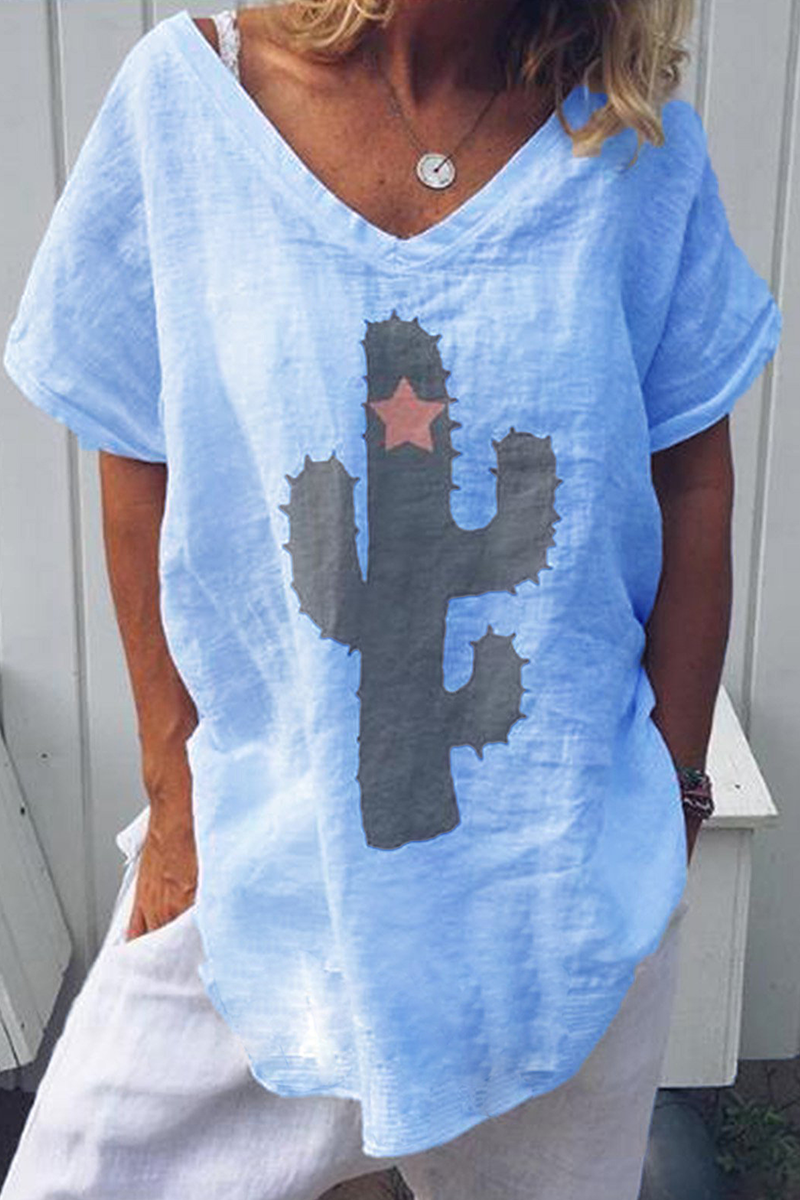 Printed V-Neck T-Shirt with a Split Detail
