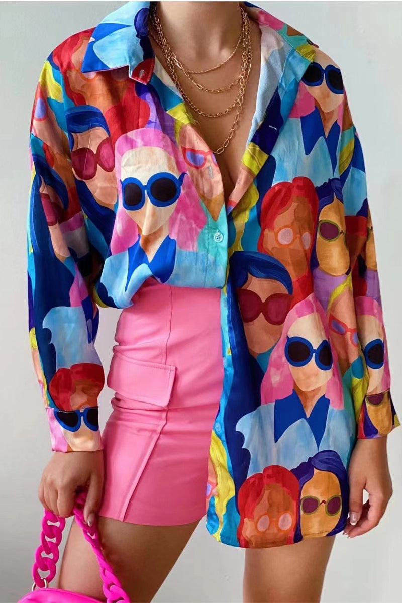 Geometric-Print Paneled Collared Blouse