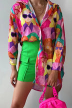 Geometric-Print Paneled Collared Blouse