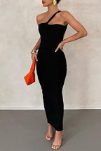 One-Shoulder Bodycon Asymmetric Maxi Dress with an Open Back