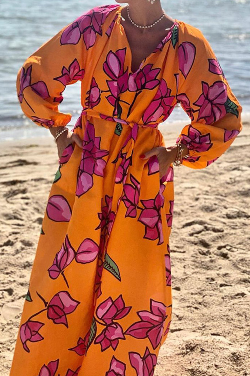Floral V-Neck A-Line Dress with Pockets