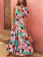 Botanical-Print Dress with an Off-Shoulder Neck