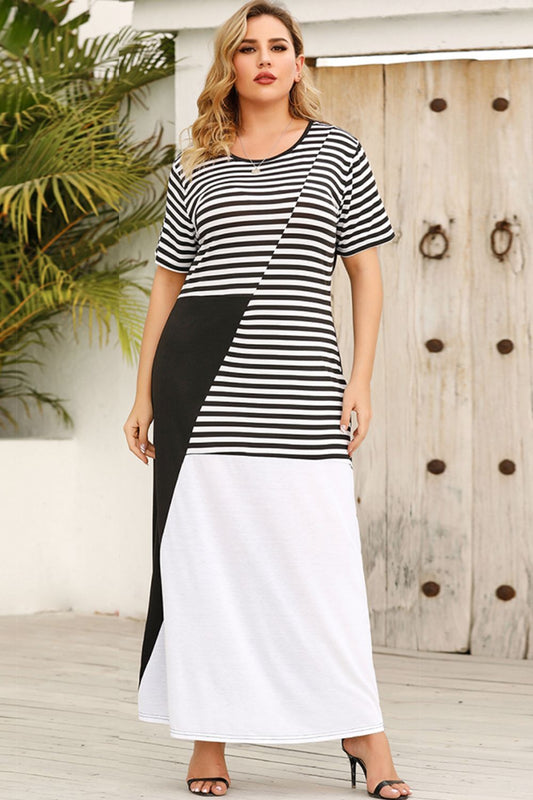 Plus Size Striped Color Block Round Neck Maxi Dress