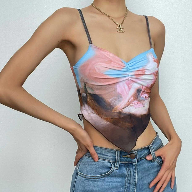 Abstract-Print Strappy Cropped Cami Top with a V-Neck Main image