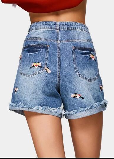 Denim Distressed Shorts with Embroidery