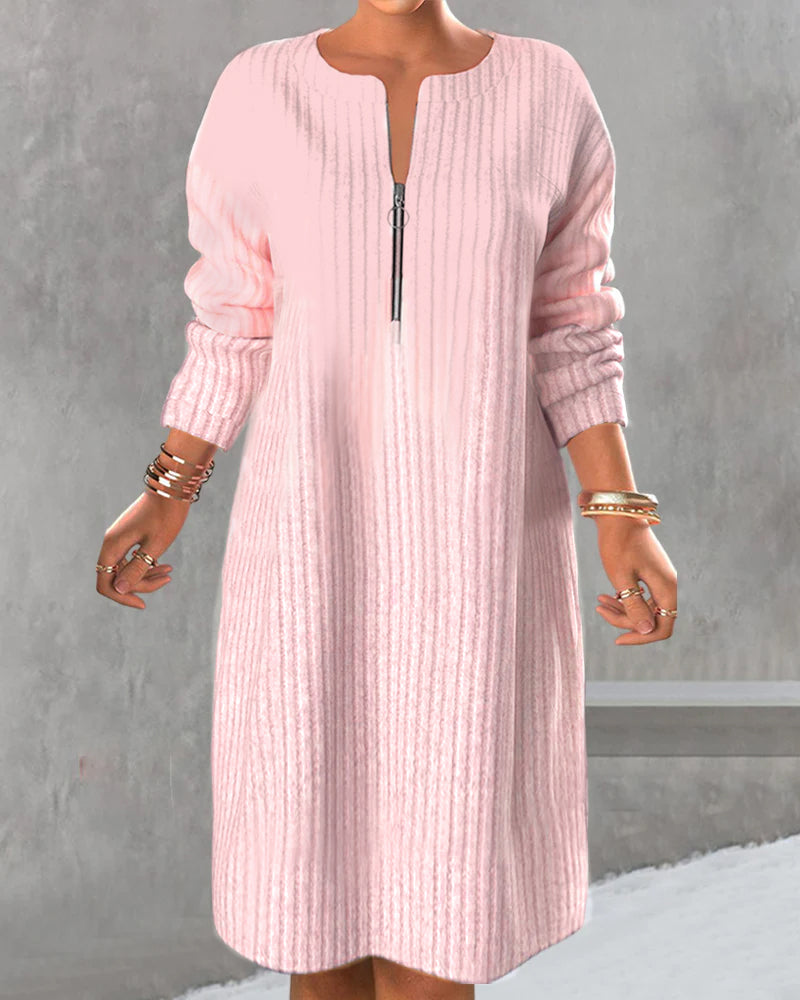 V-Neck Relaxed-Fit Dress with a Front Zip