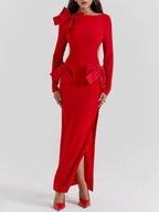 Red Heart-Print Bow-Detail Maxi Dress