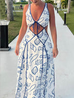 Printed Open-Back Maxi Dress with Cutout Details