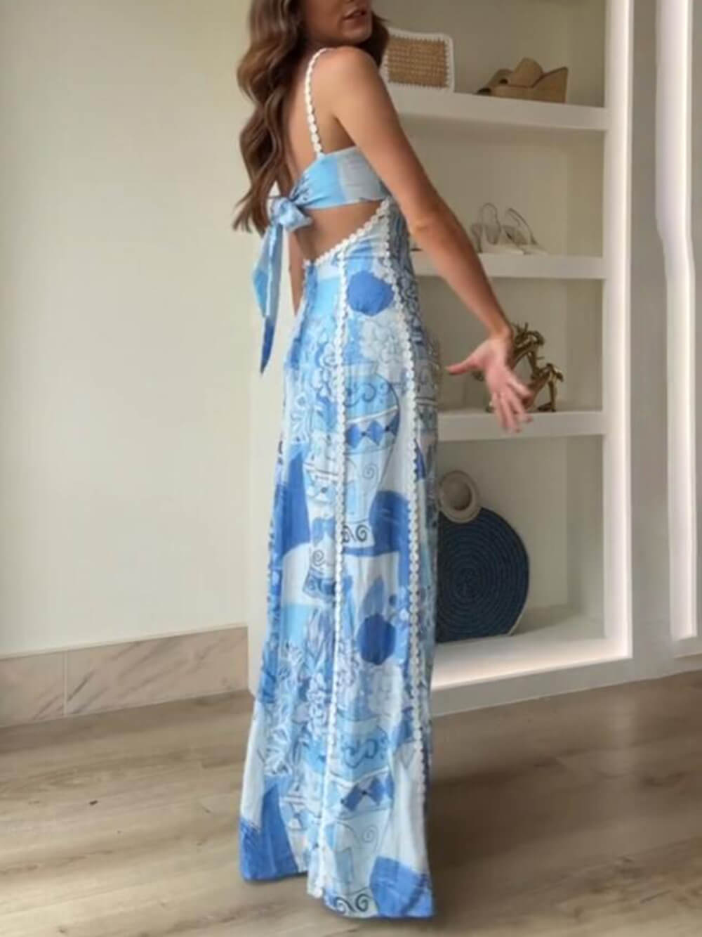 Printed Halterneck Lace Maxi Dress