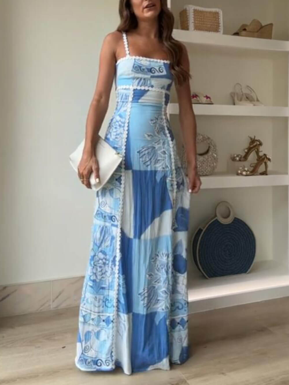 Printed Halterneck Lace Maxi Dress