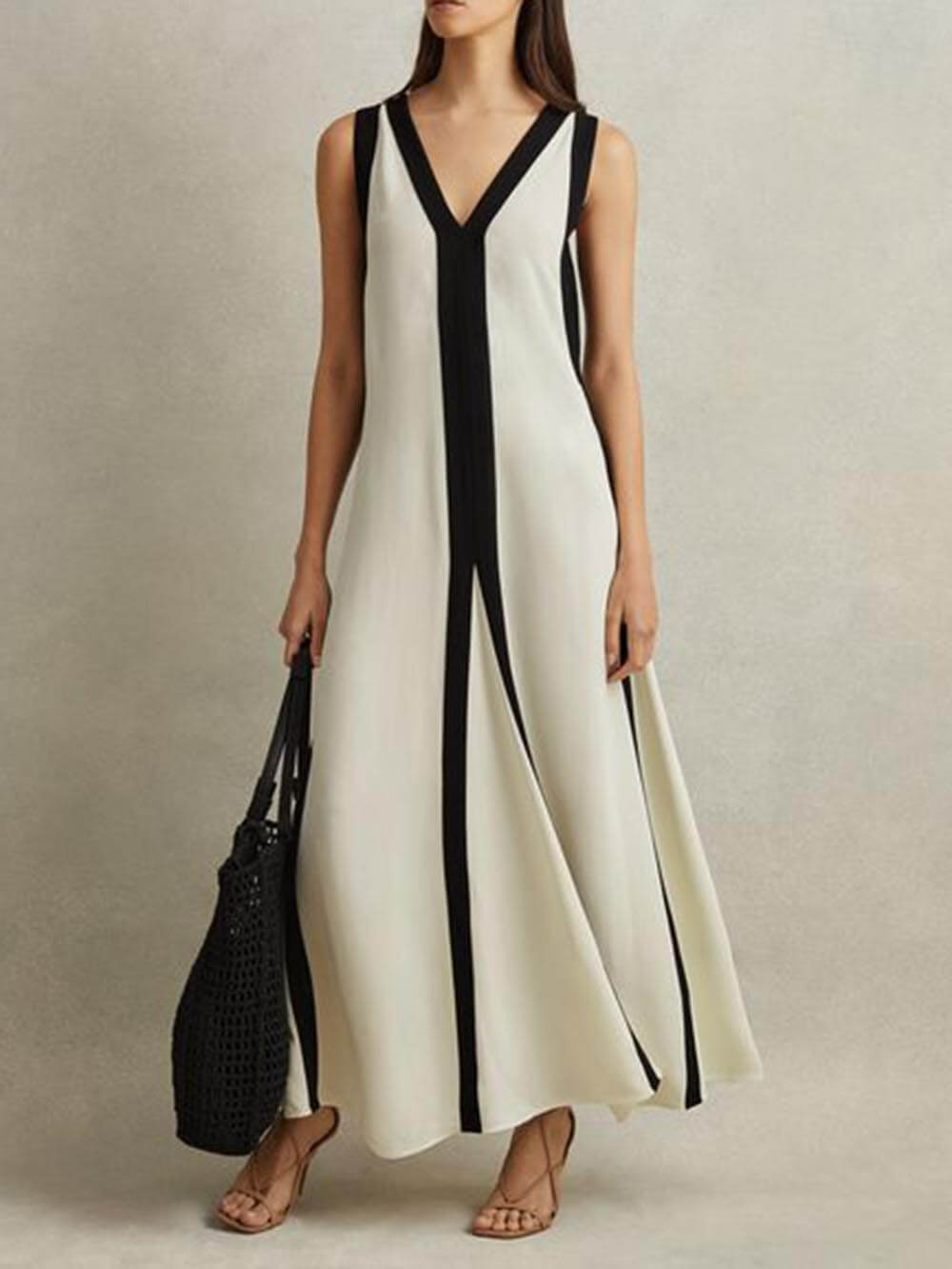 Off-Shoulder A-Line Maxi Dress with Panel Details