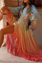Ombré Long-Sleeve Dress with a V-Neck
