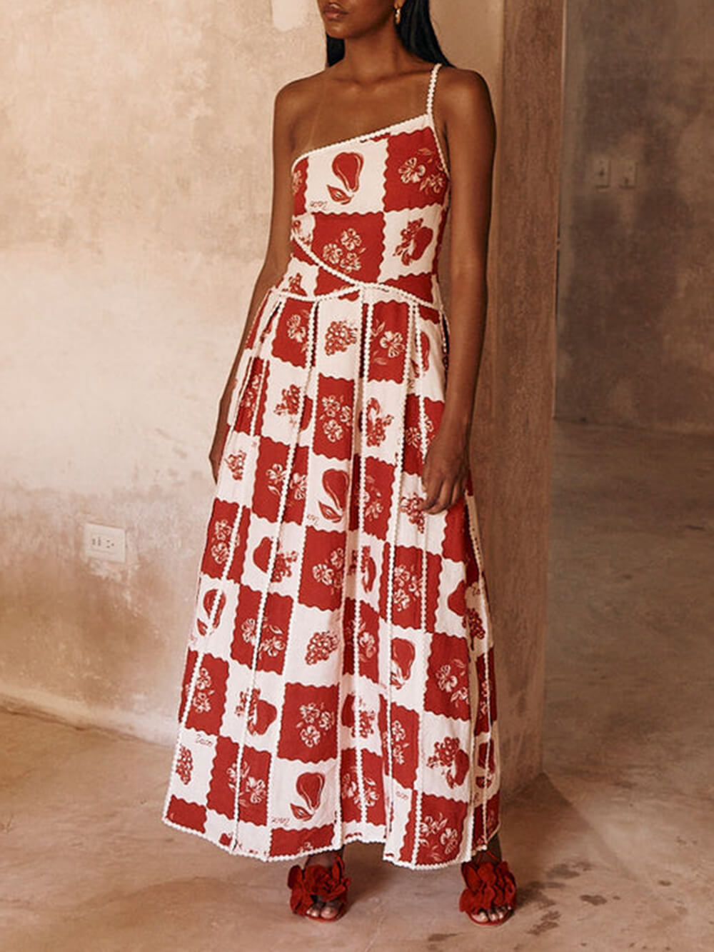 Floral Flared Maxi Dress with a One-Shoulder Cut