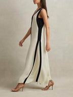 Off-Shoulder A-Line Maxi Dress with Panel Details