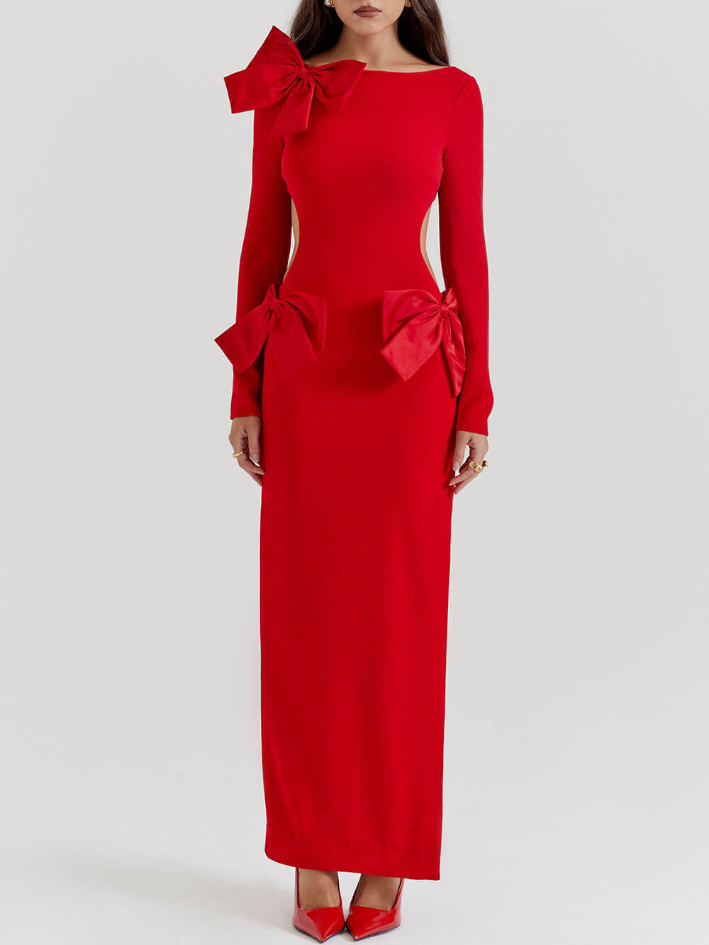 Red Heart-Print Bow-Detail Maxi Dress