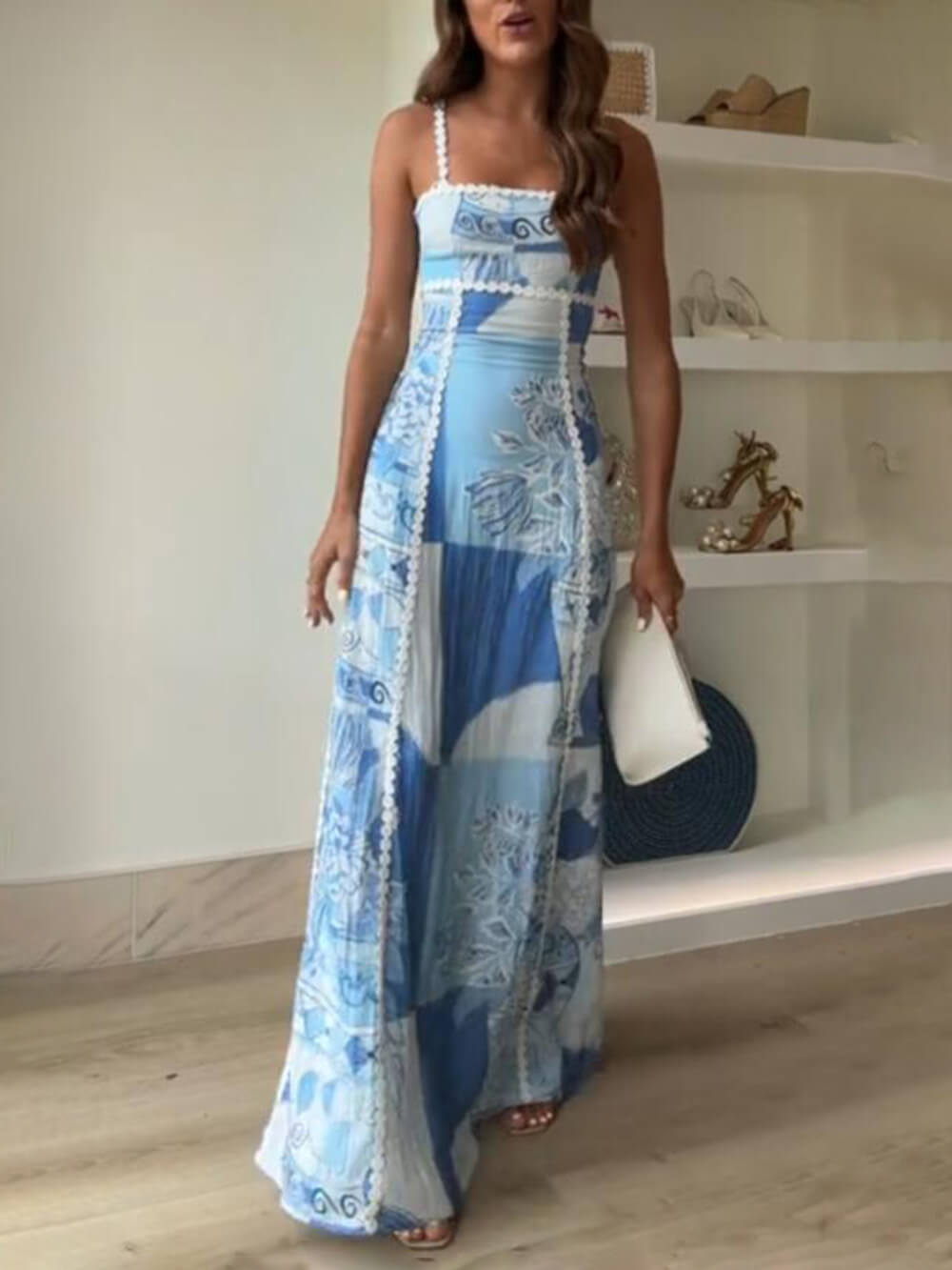 Printed Halterneck Lace Maxi Dress