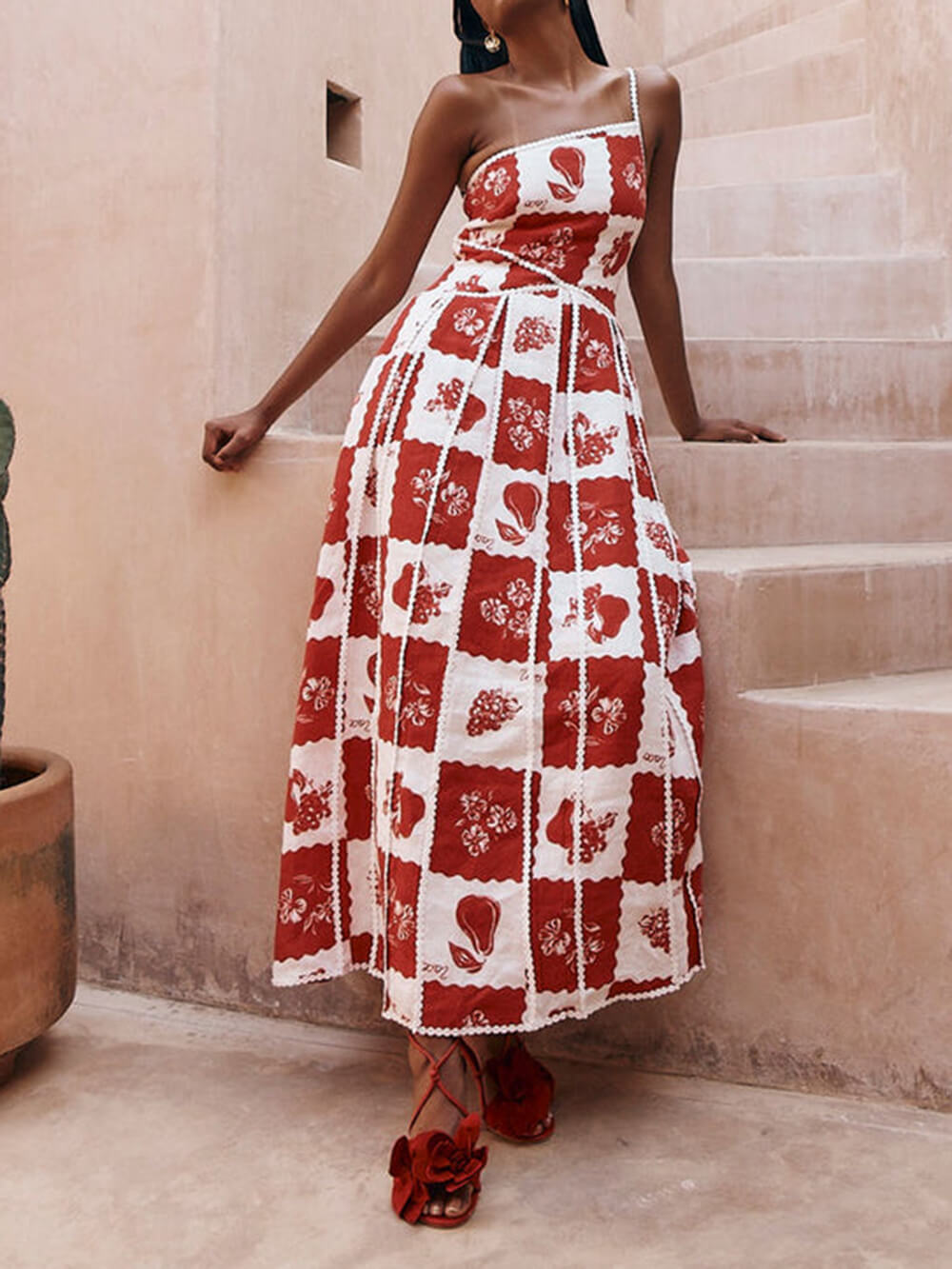 Floral Flared Maxi Dress with a One-Shoulder Cut