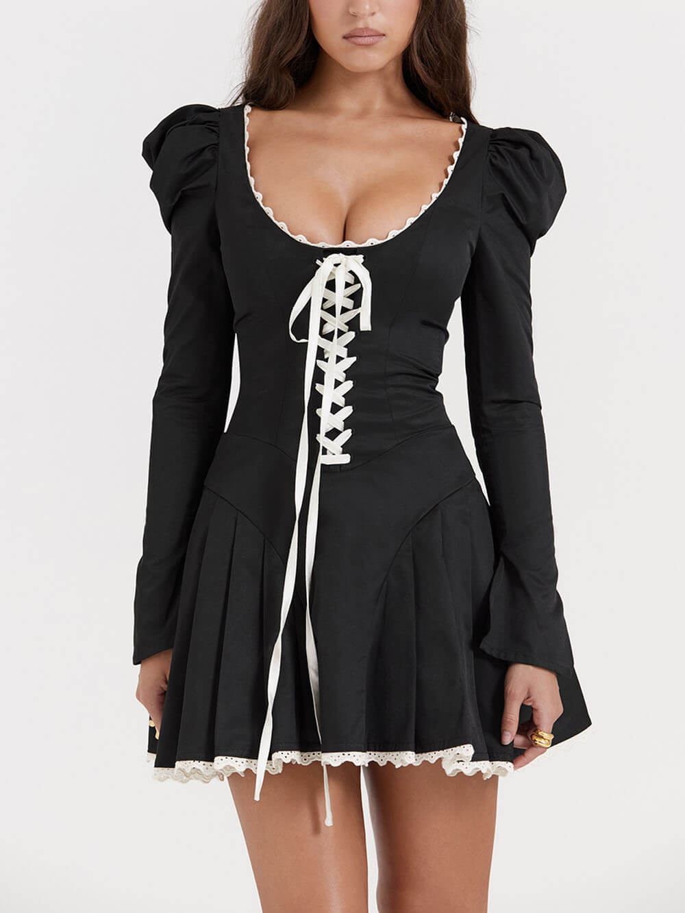 Black A-Line Mini Dress with Pleat Details